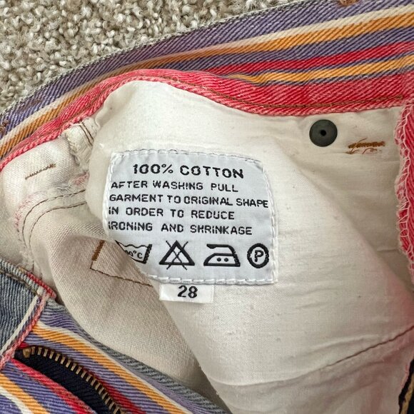 90s Vintage Striped Denim Shorts Multicolor Distressed Raw Hem Summer Cartini S - Picture 5 of 5